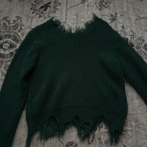 Green V-Neck Sweater with Frayed Hem